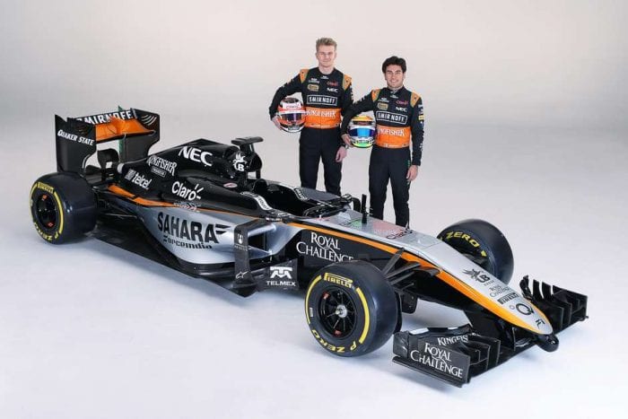 Apresentação do no carro da Force India foi no México. Ao lado do carro (esq-dir) Hulkenberg (ALE) e Perez (MEX), os pilotos da equipe para 2015 (James Moy Photography-Divulgação)