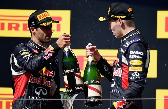 Riccardo e Kvyat completaram em terceiro e segundo, respectivamente. Melhor prova da Red Bull no campeonato até agora (Getty Images)