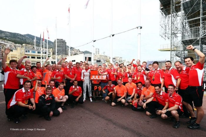Jules Bianchi (FRA) and the Marussia F1 Team celebrate his and the team's first ever F1 points with his ninth place finish. 25.05.2014. Formula 1 World Championship, Rd 6, Monaco Grand Prix, Monte Carlo, Monaco, Race Day.