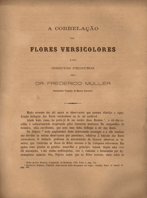 FRITZ MÜLLER - “A Correlação das Flores Versicolores e dos Insetos Pronubos,” Archivos do Museu Nacional do Rio de Janeiro 2 (1877): 19-23 (<a href="http://www.museunacional.ufrj.br/obrasraras/periodicos.html" target="_blank" rel="noopener">museunacional.ufrj.br</a>).