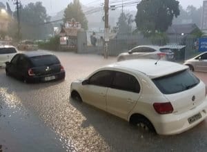 Carros ficaram parcialmente submersos na Rua Getúlio Vargas, no Centro - foto de Leonardo Alegri