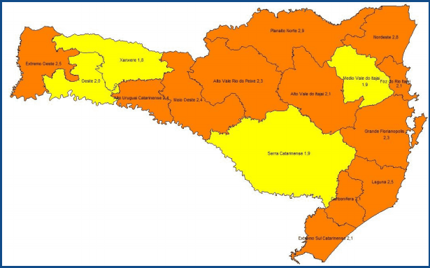 Matriz mostra 12 regiões catarinenses em situação grave
