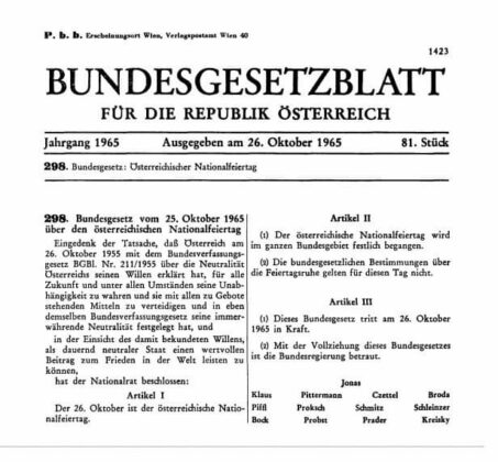 Diário Oficial da República da Áustria promulgando a neutralidade austríaca - imagem da Galeria Federal da República da Áustria.