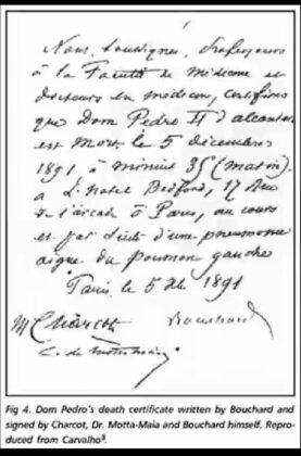Atestado de Óbito de D. Pedro II emitida por junta médica liderada pelo neurologista Charcot.