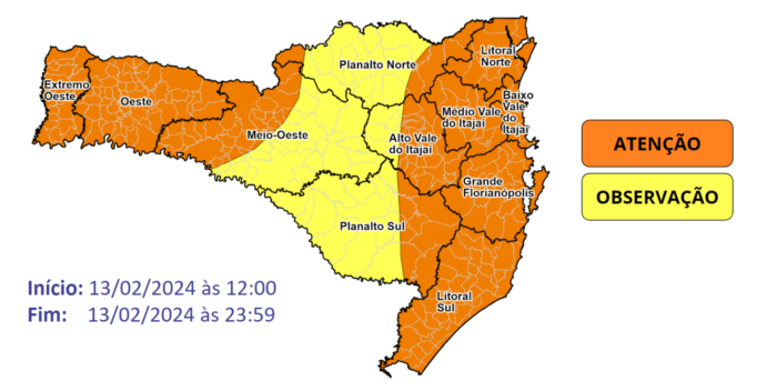 O risco para alagamentos e enxurradas pontuais, destelhamentos e danos na rede elétrica, é ALTO nas áreas em laranja e MODERADO nas áreas em amarelo do mapa.